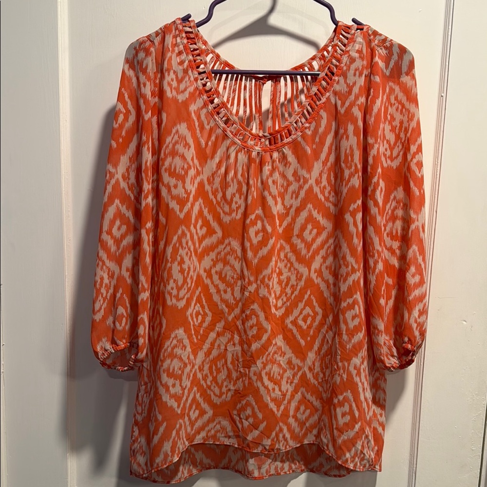 Maurices Orange and White Embellished 3/4 Sleeve Blouse